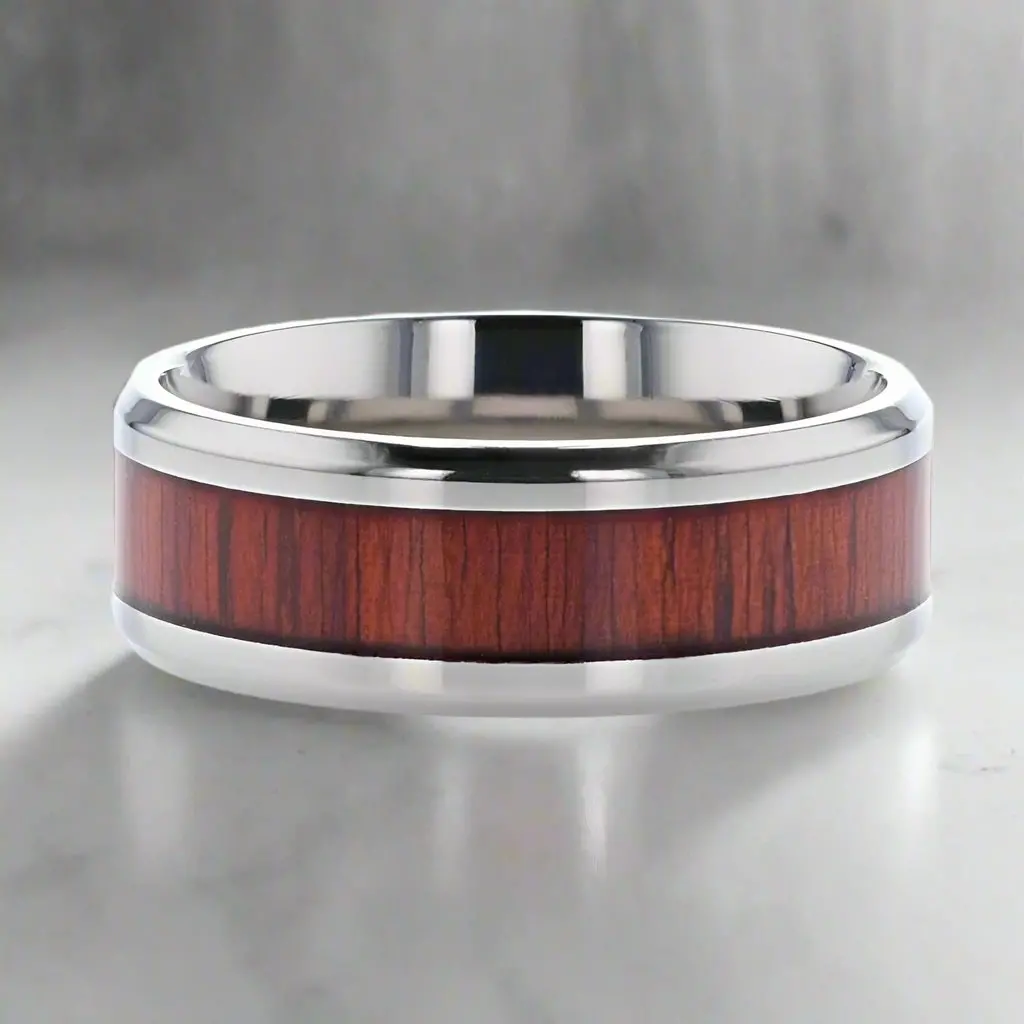 Norro | Silver Titanium Ring, Padauk Wood Inlay, Beveled 3