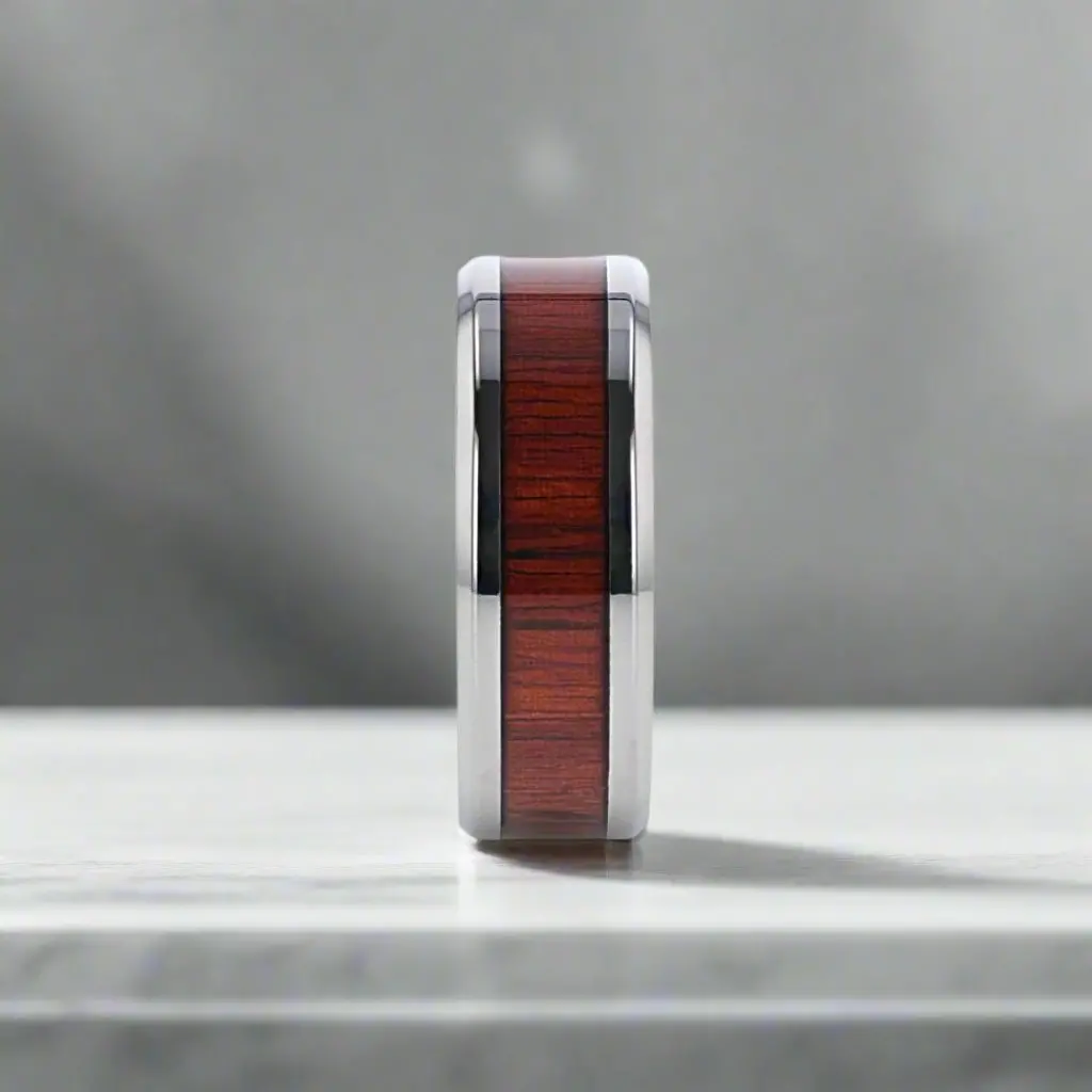 Norro | Silver Titanium Ring, Padauk Wood Inlay, Beveled 2
