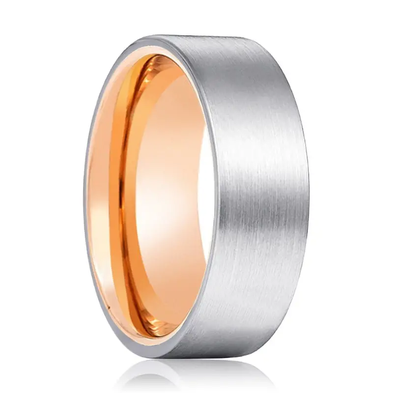 Norsk | Rose Gold Ring, Silver Tungsten Ring, Brushed, Flat 1