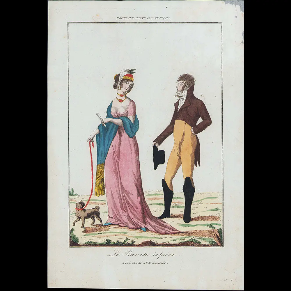 Nouveaux Costumes Français - La Rencontre Imprévue, Planche Publiée Par Les Marchands De Nouveautés (Circa 1795) 1