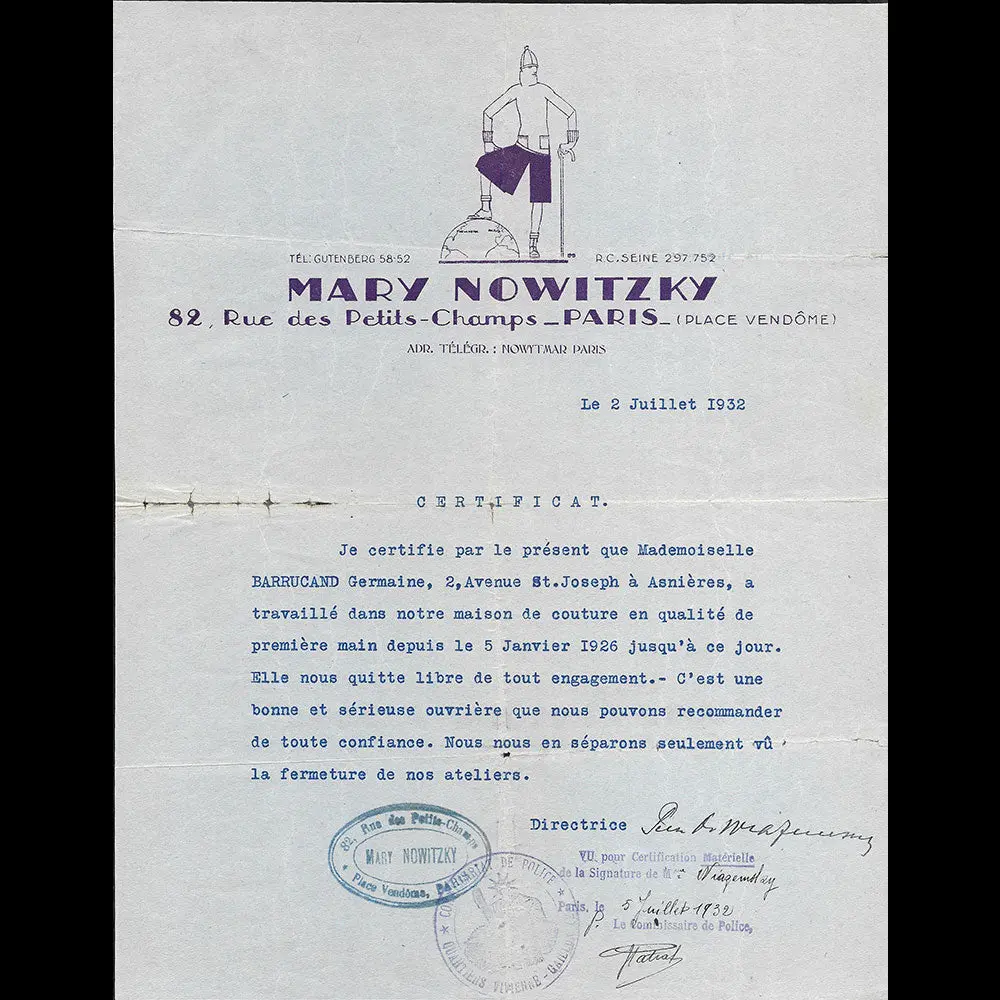 Mary Nowitzky - Certificat De Travail De La Maison De Couture (1932) 1