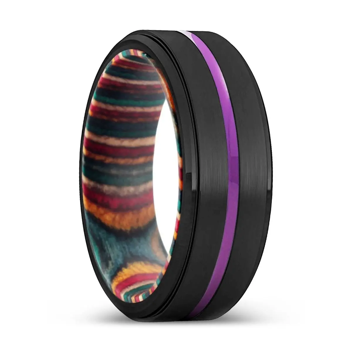 Nowra | Multi Color Wood, Black Tungsten Ring, Purple Groove, Stepped Edge 1