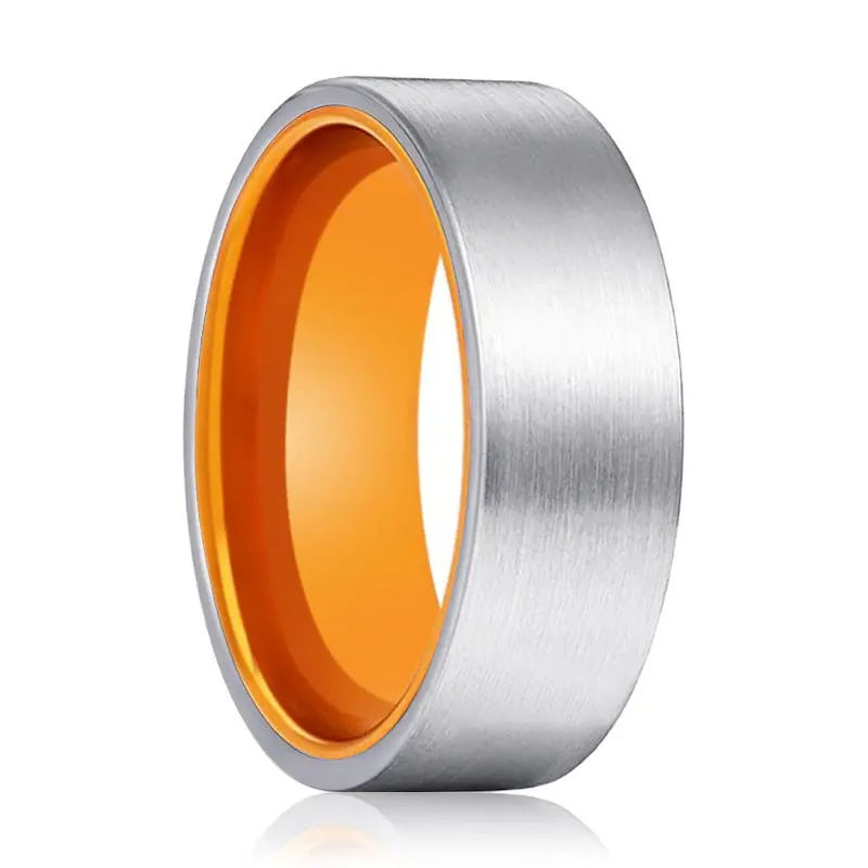Nutmeg | Orange Ring, Silver Tungsten Ring, Brushed, Flat 1