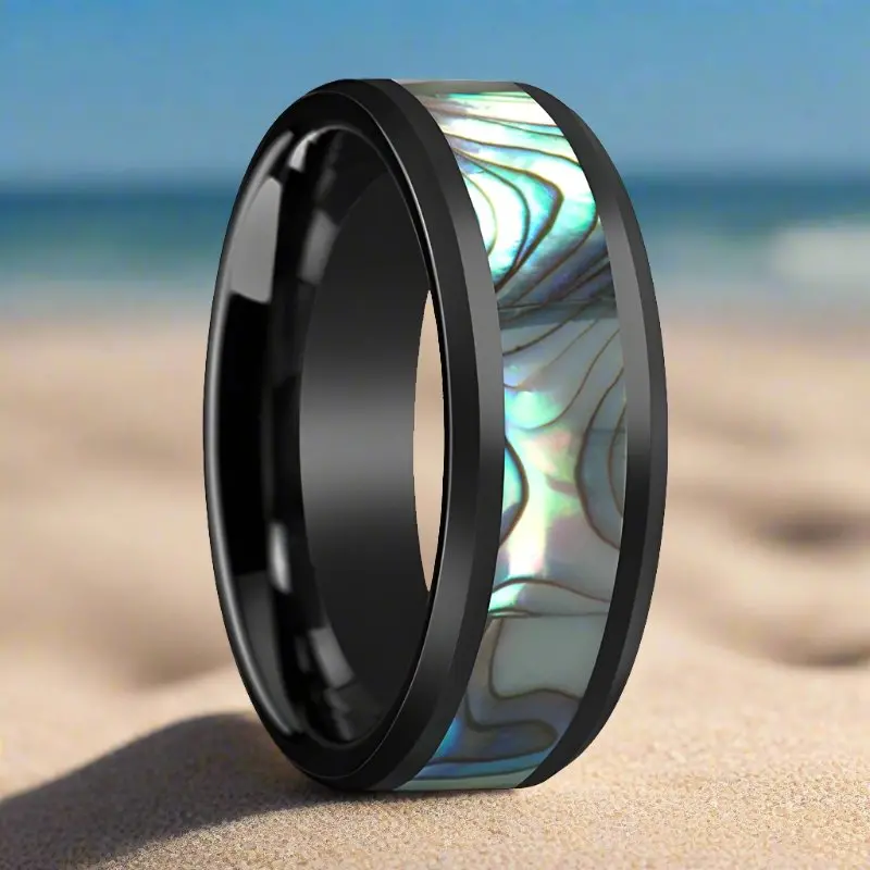 Oahu | Black Ceramic Ring, Mother Of Pearl Inlay, Beveled 3