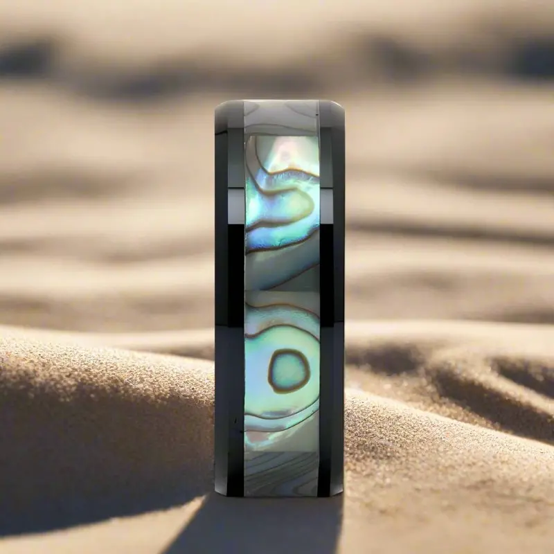 Oahu | Black Ceramic Ring, Mother Of Pearl Inlay, Beveled 4