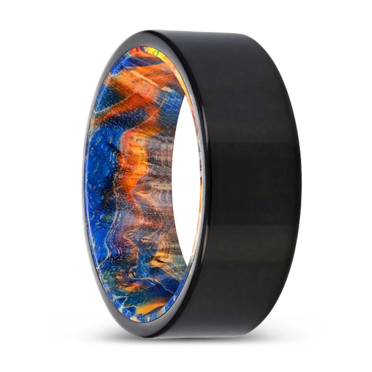 Oakheart | Blue & Yellow/Orange Wood, Black Tungsten Ring, Shiny, Flat 1
