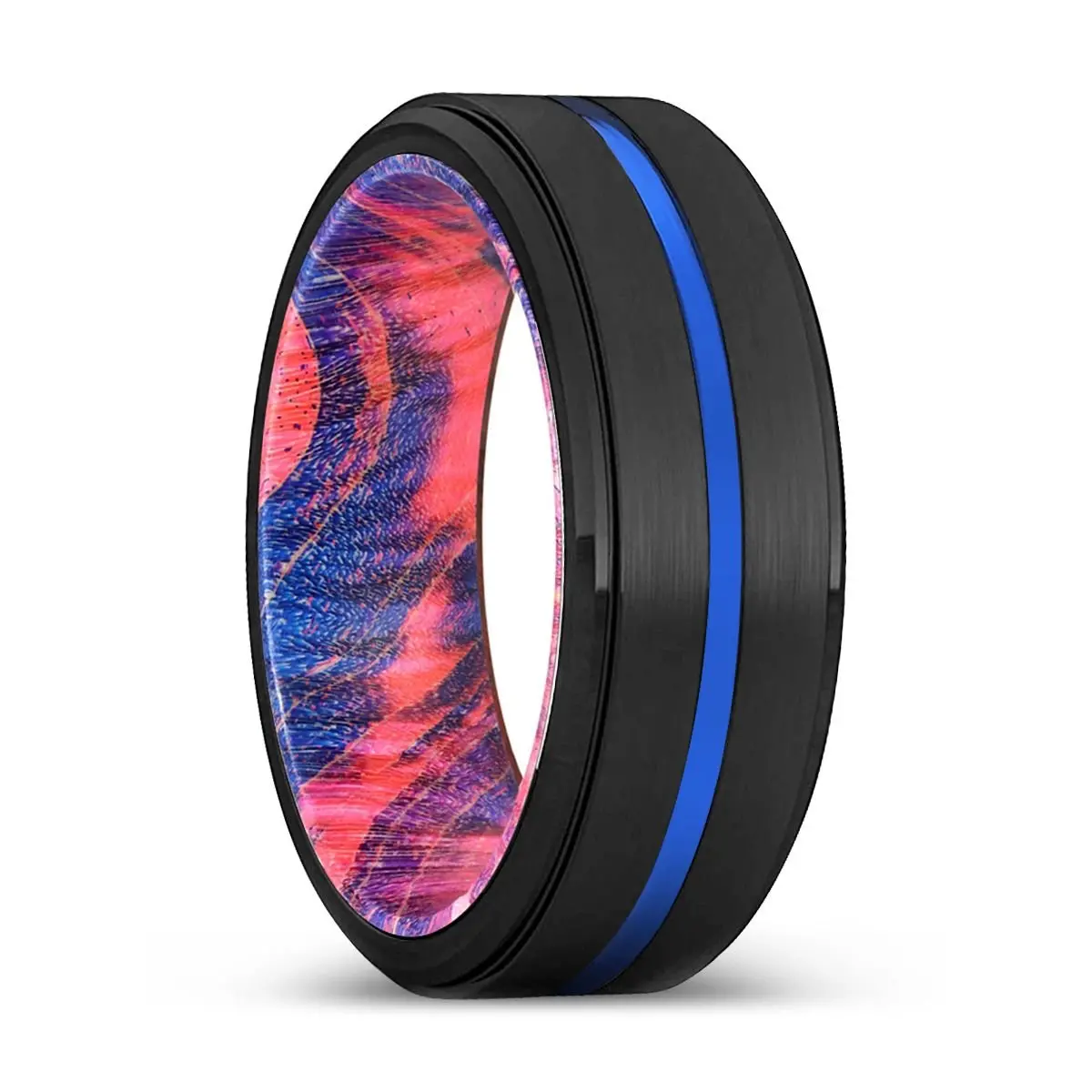 Oblivion | Blue & Red Wood, Black Tungsten Ring, Blue Groove, Stepped Edge 1