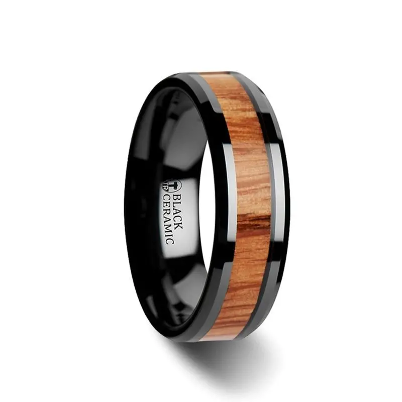 Oblivion | Black Ceramic Ring, Red Oak Wood Inlay, Beveled 1