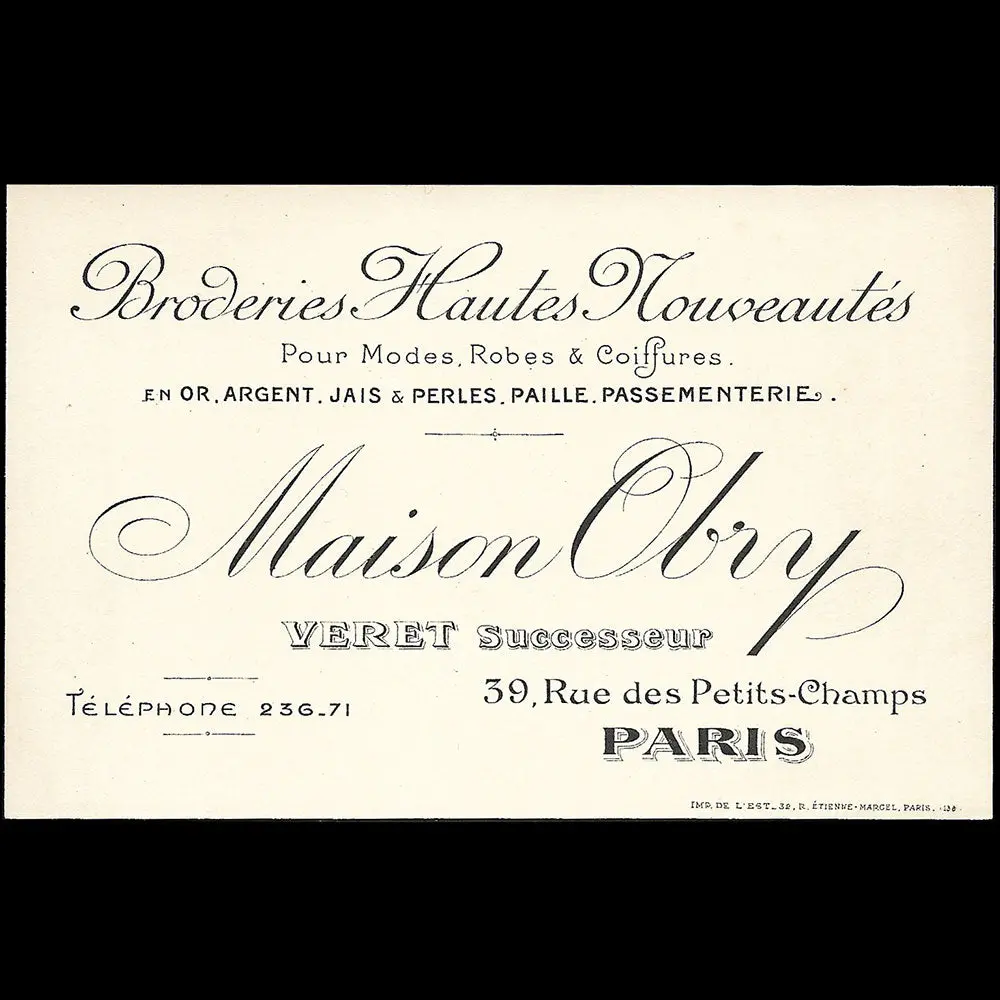 Obry - Carte De La Maison De Broderies Hautes Nouveautés, 39 Rue Des Petits Champs À Paris (Circa 1910S) 1