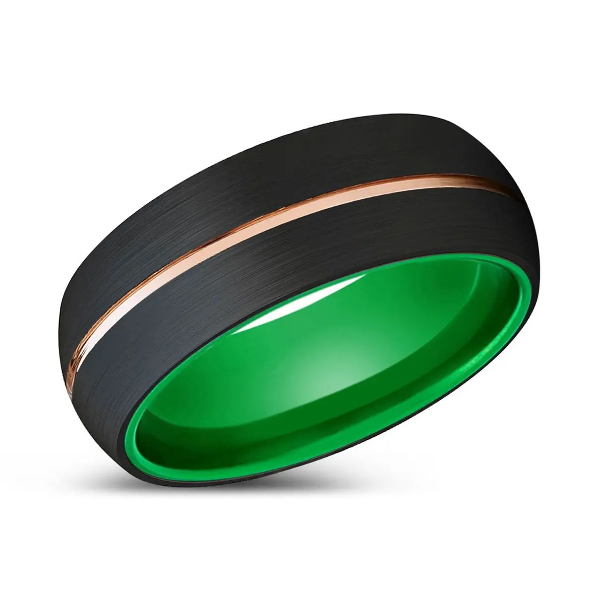 Ocelot | Green Ring, Black Tungsten Ring, Rose Gold Groove, Domed 2