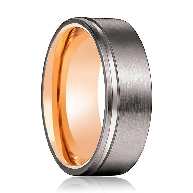 October | Rose Gold Ring, Gunmetal Tungsten Offset Groove 1