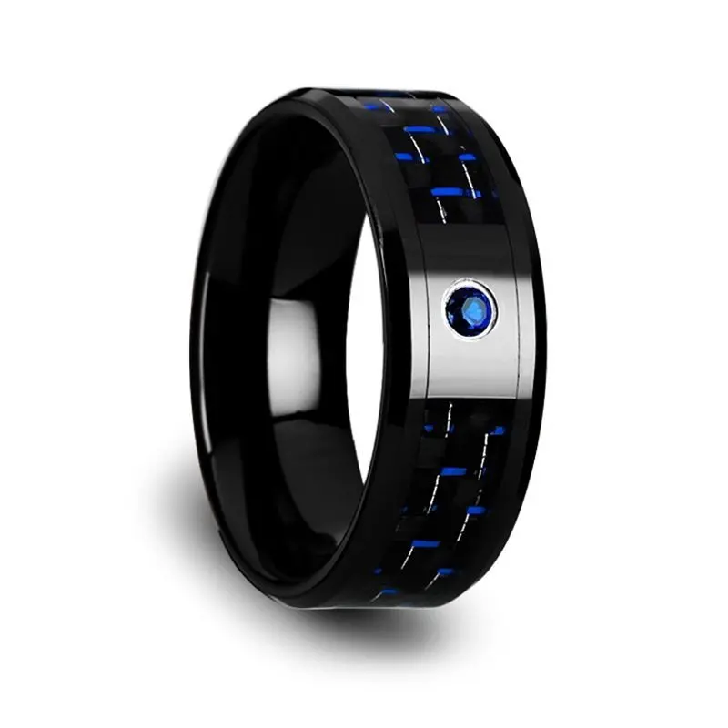 Odell | Black Ceramic Ring, Blue Sapphire Stone, Black & Blue Carbon Fiber Inlay, Beveled 2