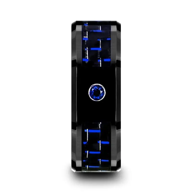 Odell | Black Ceramic Ring, Blue Sapphire Stone, Black & Blue Carbon Fiber Inlay, Beveled 1