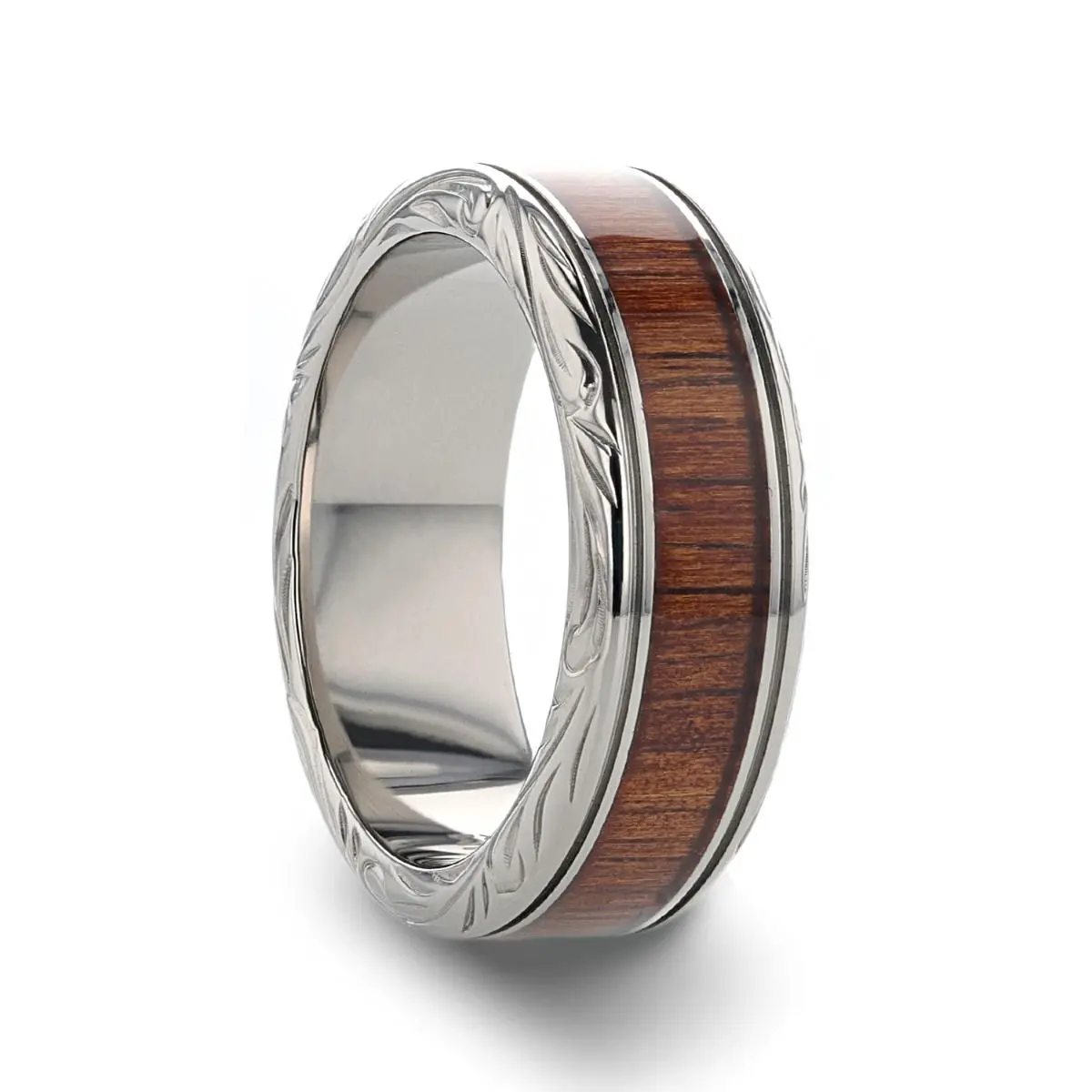 Ohana | Silver Titanium Ring, Koa Wood Inlay, Stepped Edge 1