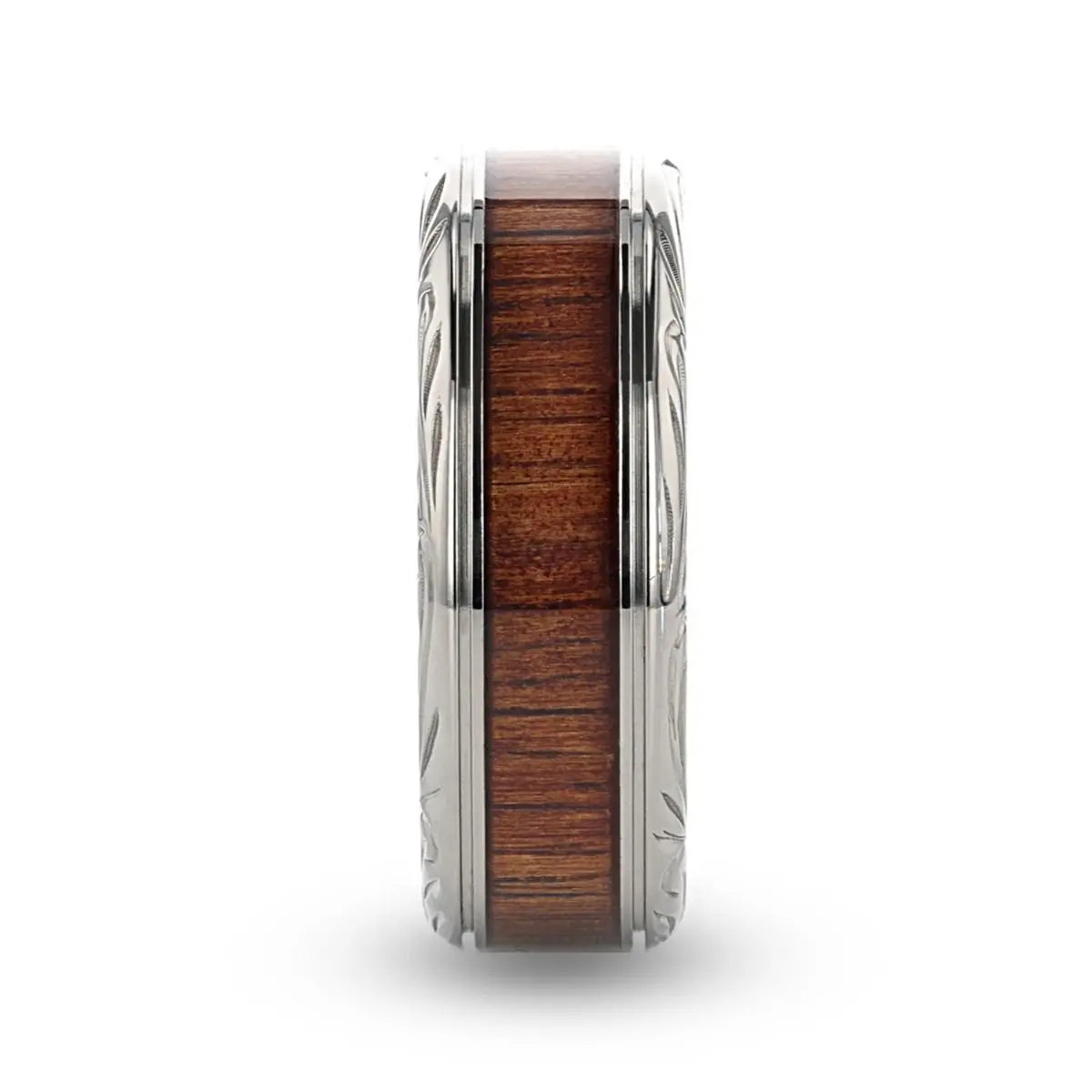 Ohana | Silver Titanium Ring, Koa Wood Inlay, Stepped Edge 2