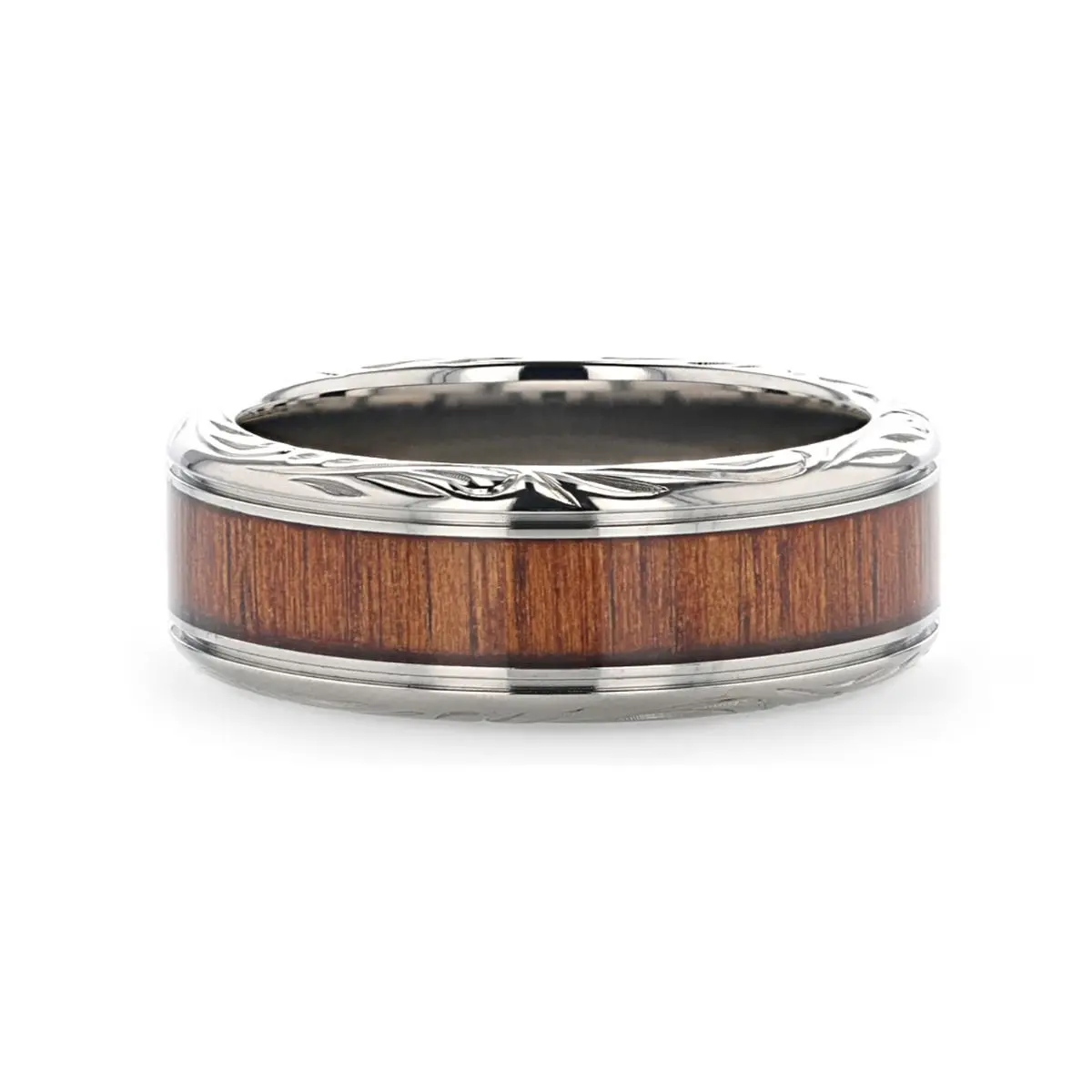 Ohana | Silver Titanium Ring, Koa Wood Inlay, Stepped Edge 3