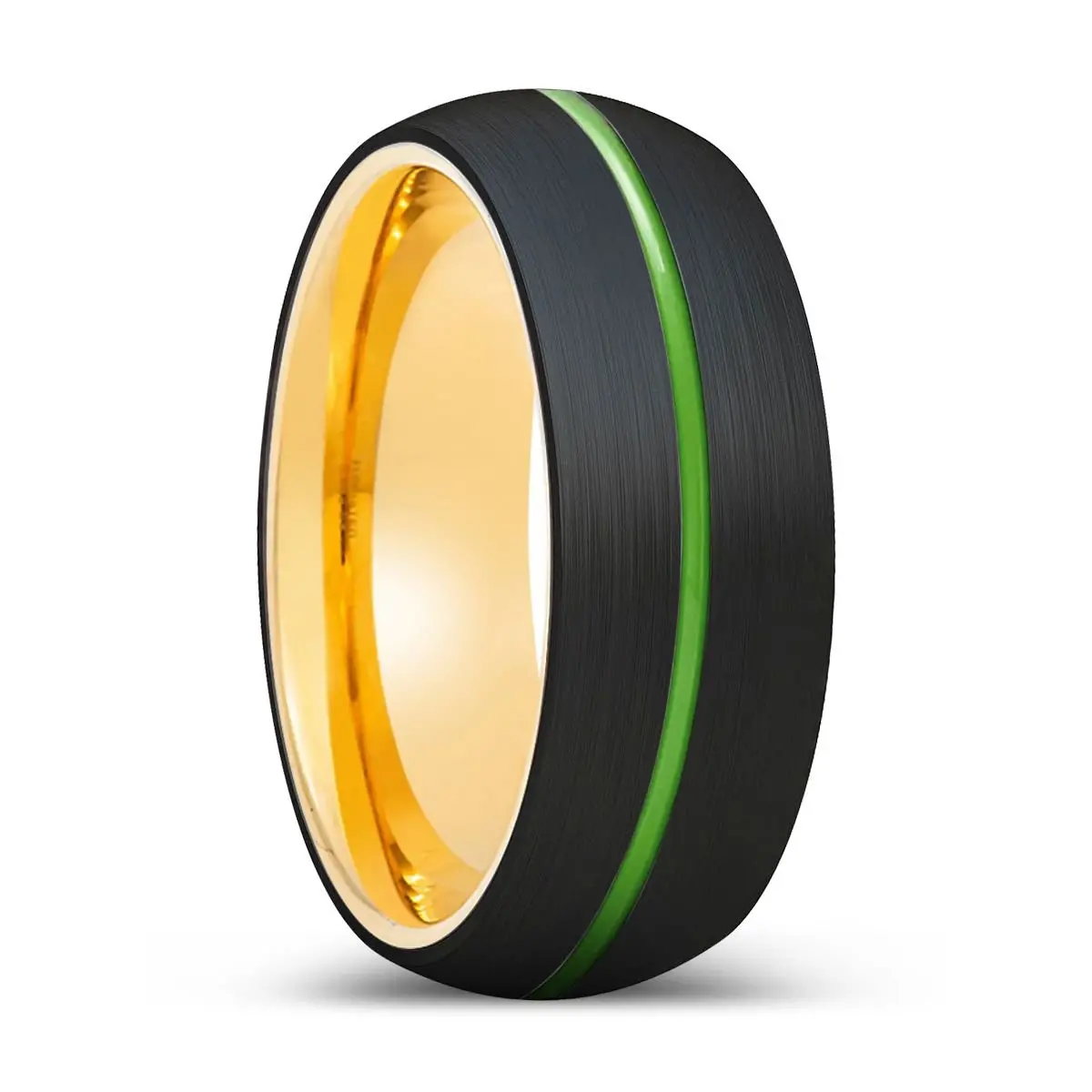 Omega | Gold Ring, Black Tungsten Ring, Green Groove, Domed 1