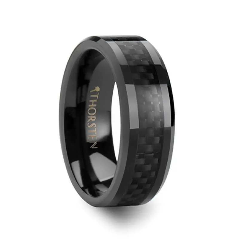 Onyx | Black Ceramic Ring, Black Carbon Fiber Inlay, Beveled 4