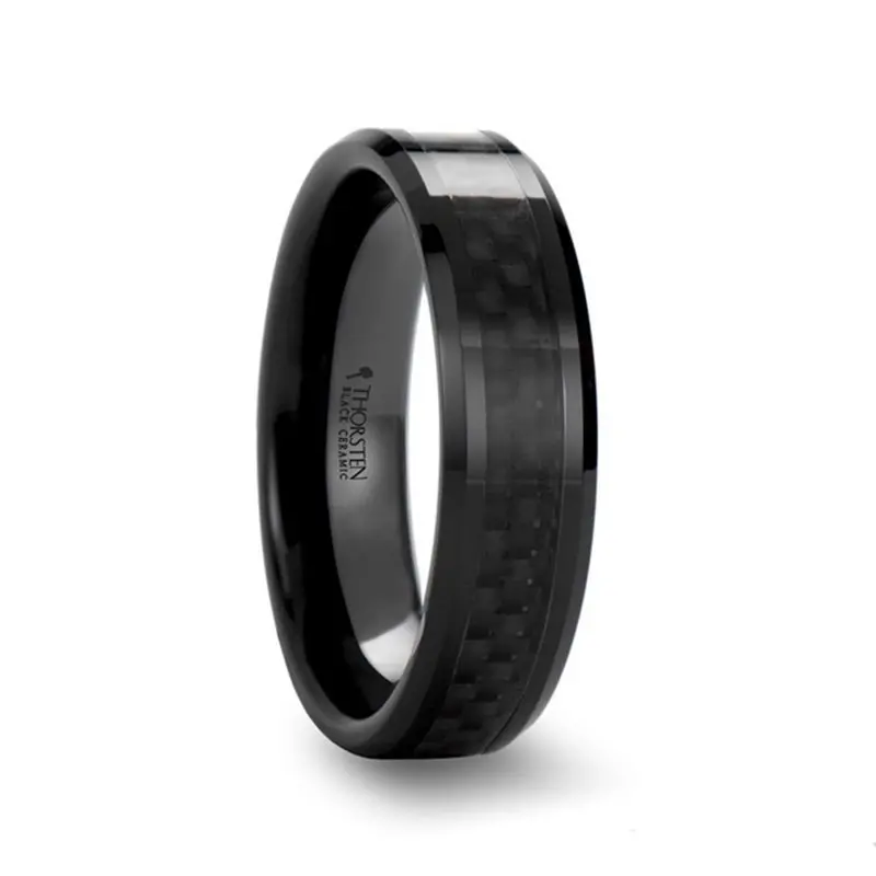 Onyx | Black Ceramic Ring, Black Carbon Fiber Inlay, Beveled 3