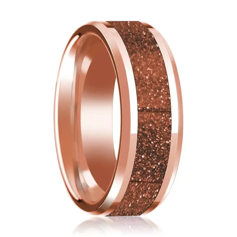 Orange Goldstone Inlaid 14K Rose Gold Wedding Band For Mens With Beveled Edges Polished Finish - 8Mm 1