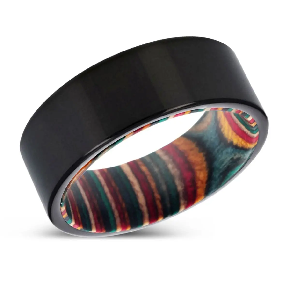 Orchids | Multi Color Wood, Black Tungsten Ring, Shiny, Flat 2