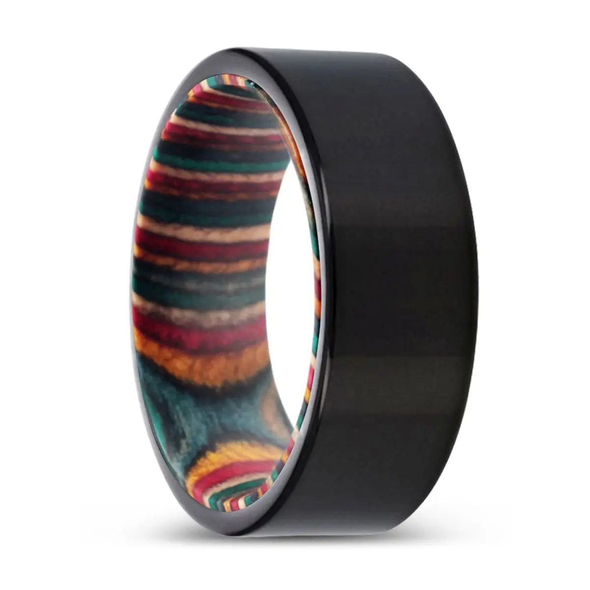 Orchids | Multi Color Wood, Black Tungsten Ring, Shiny, Flat 1