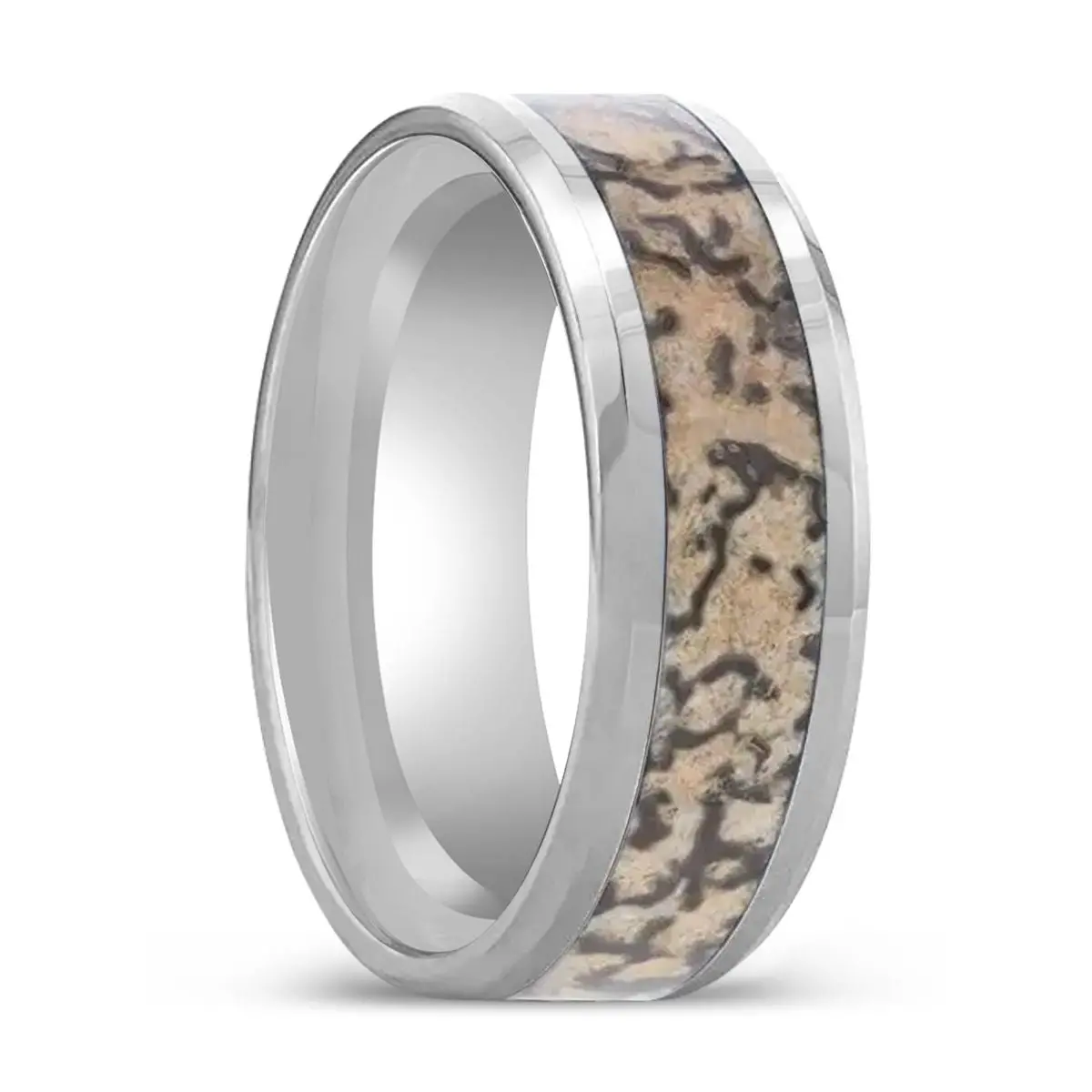 Ordovician | Silver Tungsten Ring, Brown Dinosaur Bone Inlay, Beveled 1