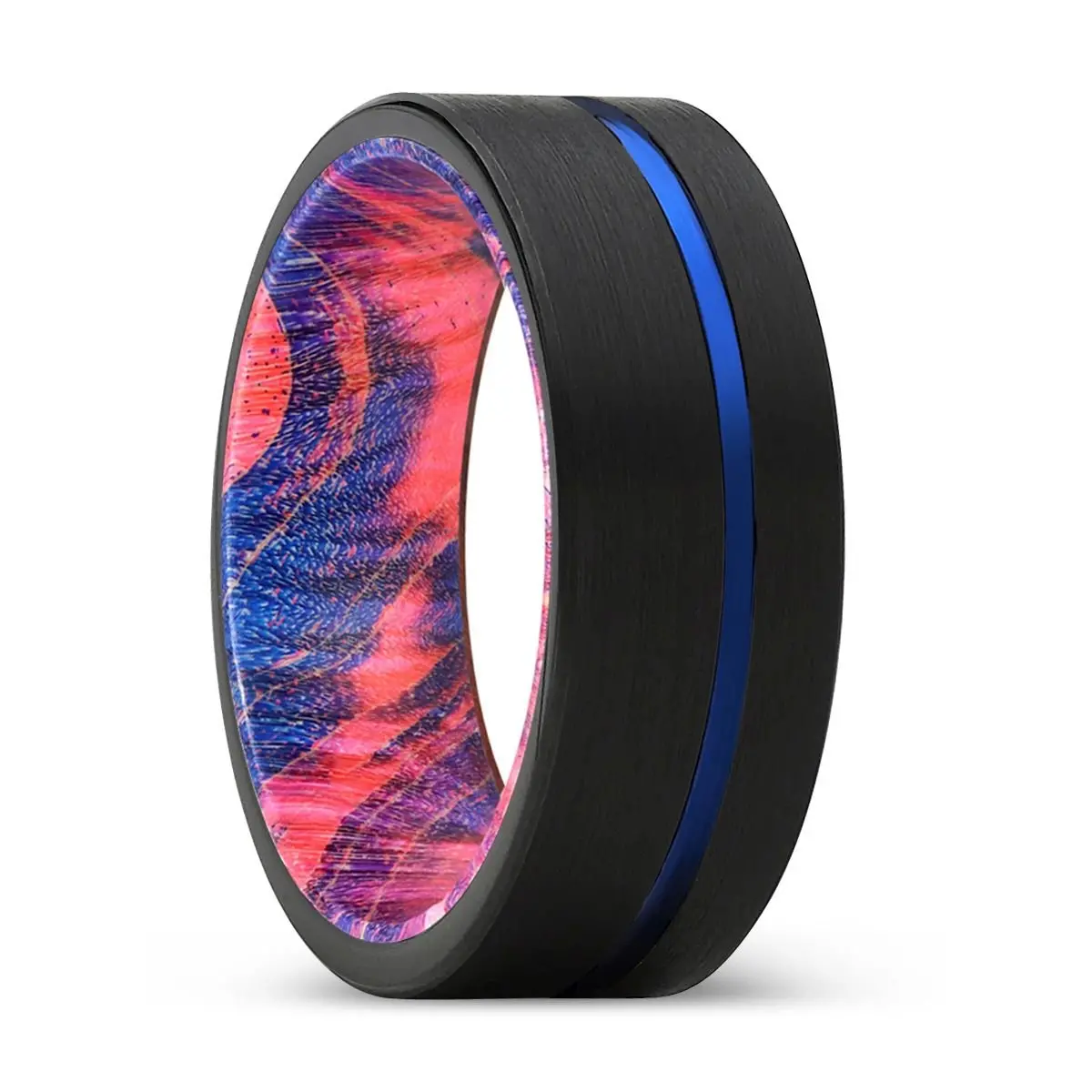 Orphic | Blue & Red Wood, Black Tungsten Ring, Blue Offset Groove, Flat 1