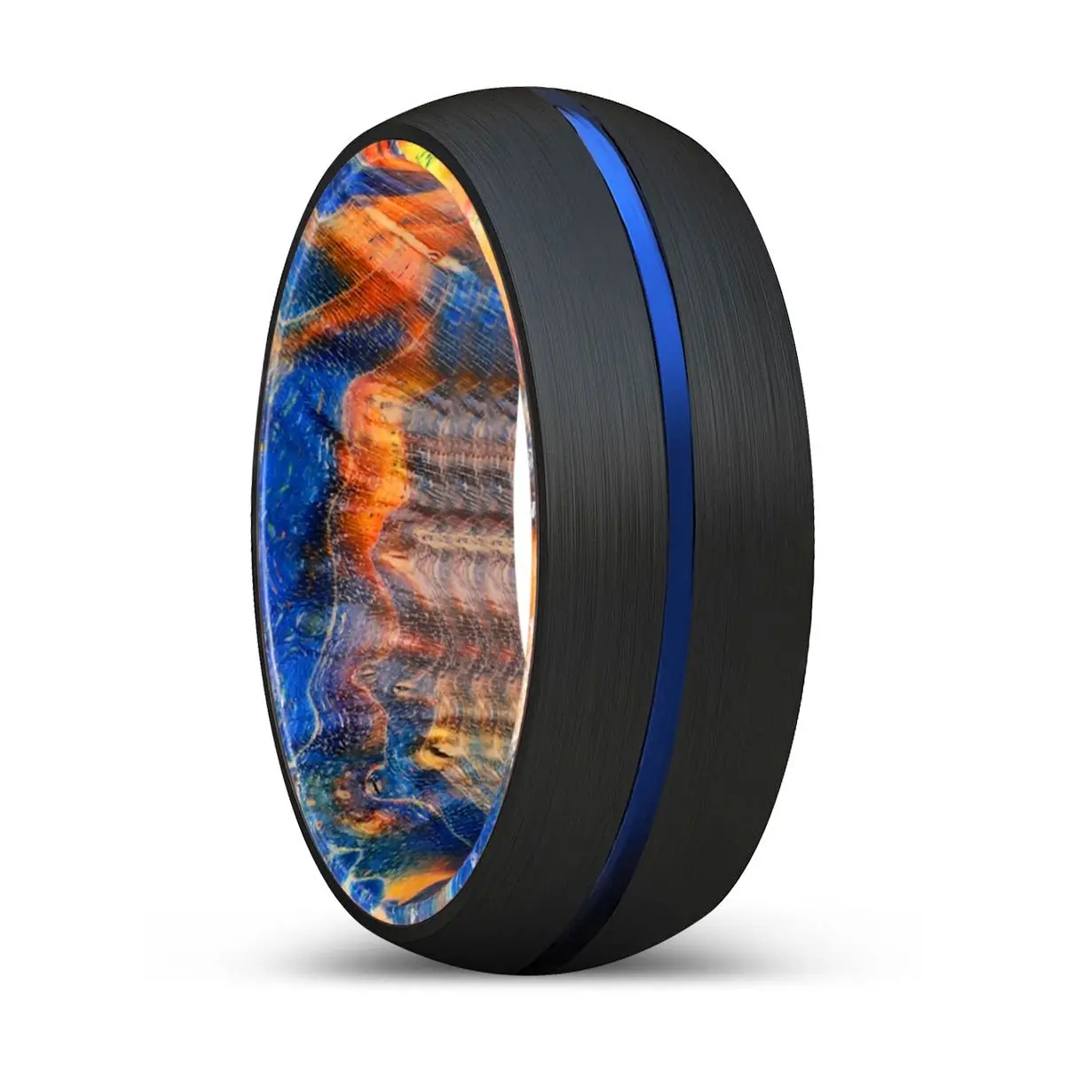 Osian | Blue & Yellow/Orange Wood, Black Tungsten Ring, Blue Groove, Domed 1