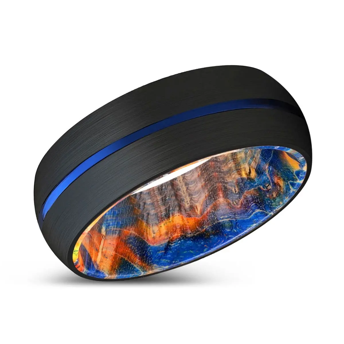 Osian | Blue & Yellow/Orange Wood, Black Tungsten Ring, Blue Groove, Domed 2