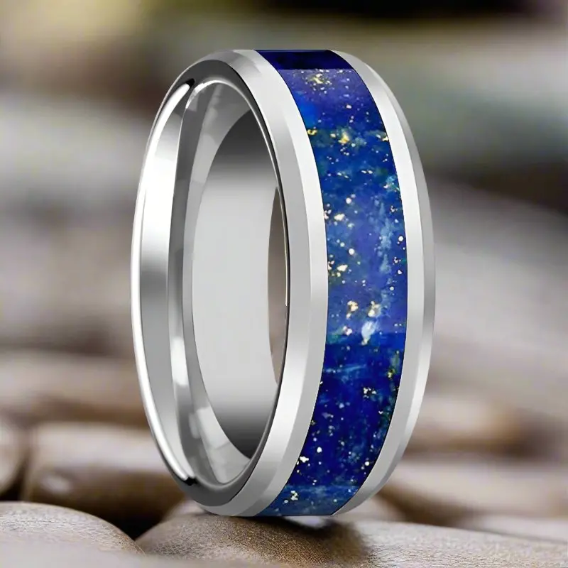 Osias | Tungsten Ring, Blue Lapis Inlay, Beveled 3