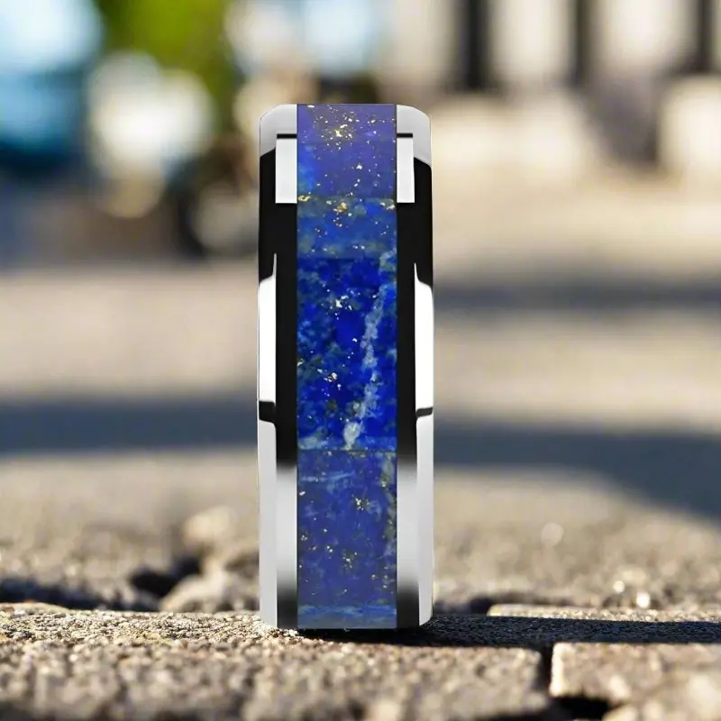 Osias | Tungsten Ring, Blue Lapis Inlay, Beveled 4