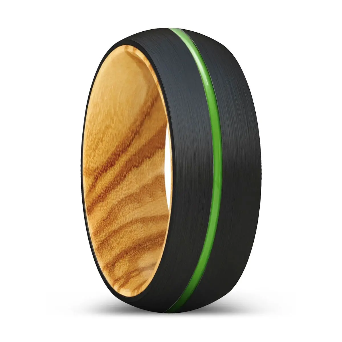 Ostrich | Olive Wood, Black Tungsten Ring, Green Groove, Domed 1