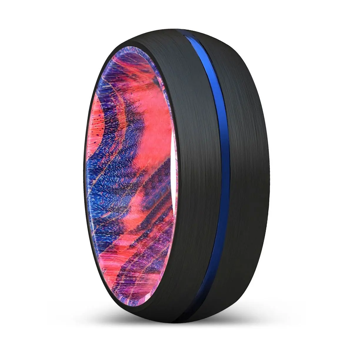 Owein | Blue & Red Wood, Black Tungsten Ring, Blue Groove, Domed 1