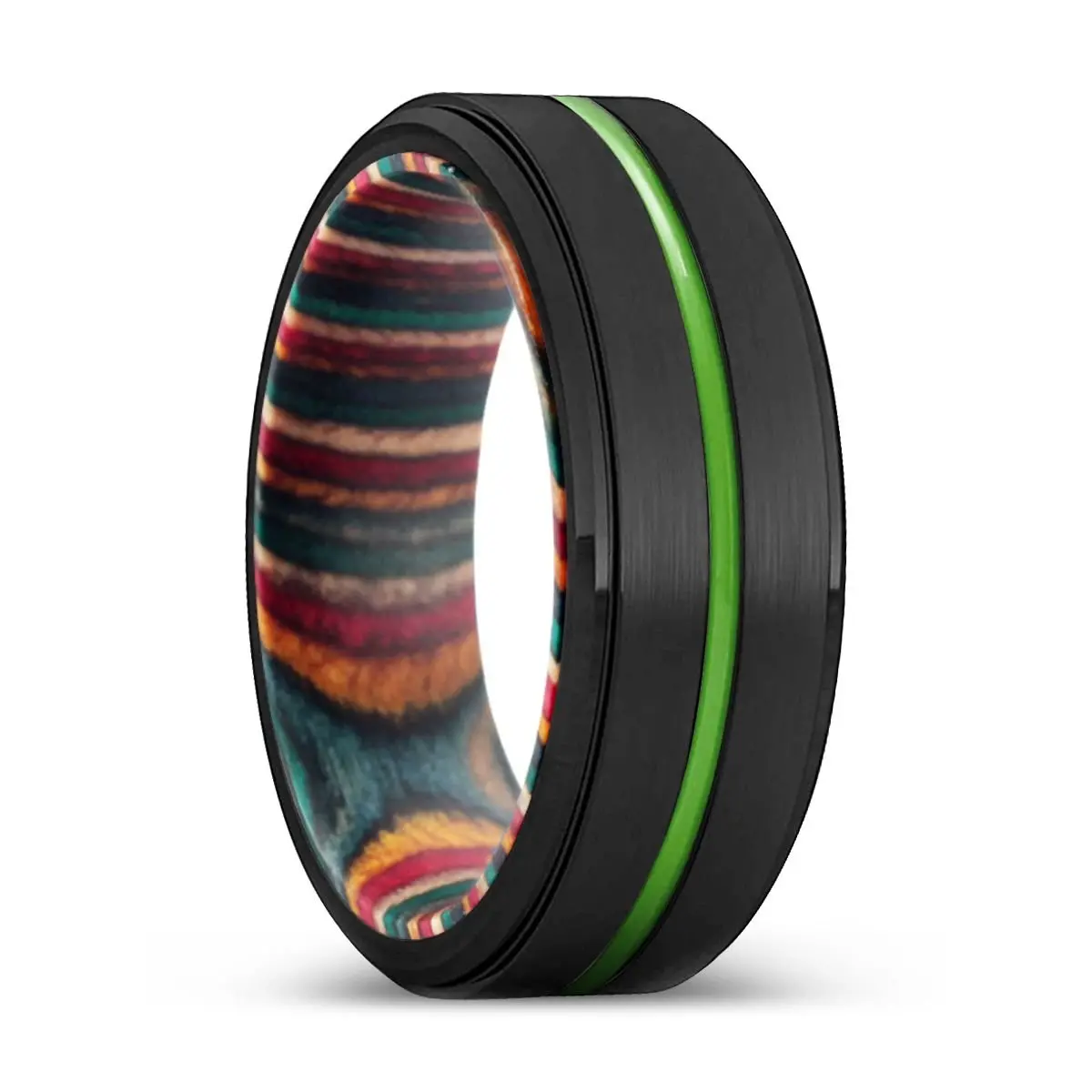 Palmdale | Multi Color Wood, Black Tungsten Ring, Green Groove, Stepped Edge 1