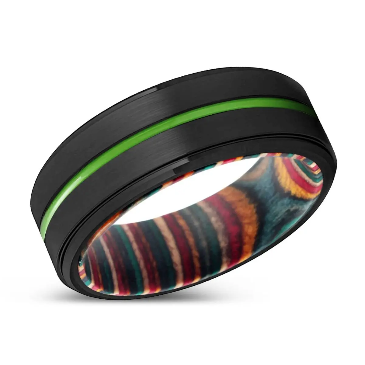 Palmdale | Multi Color Wood, Black Tungsten Ring, Green Groove, Stepped Edge 2