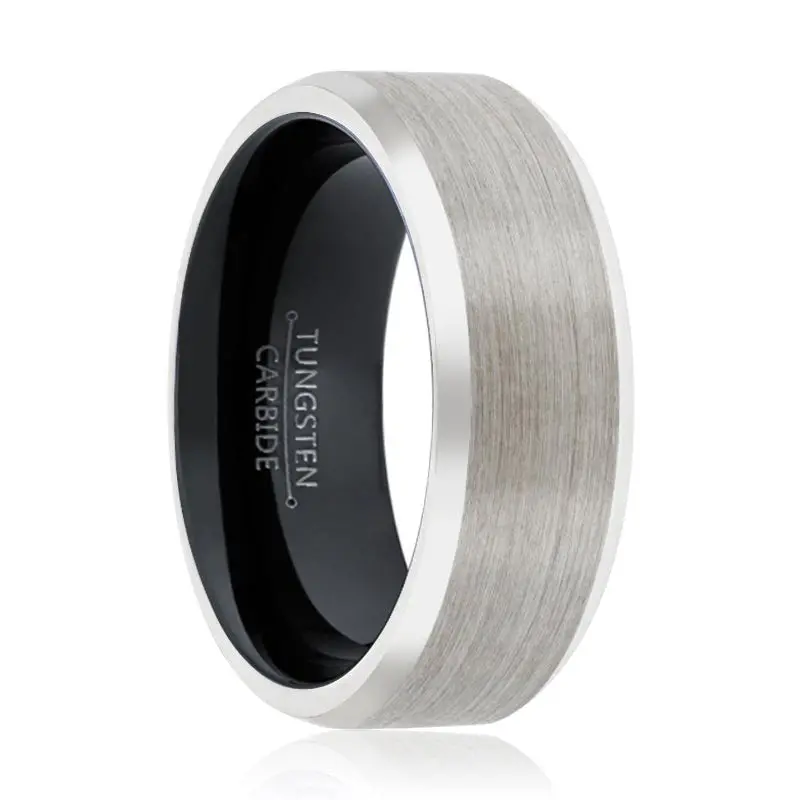 Panda | Black Ring, Silver Tungsten Ring, Brushed, Beveled 1