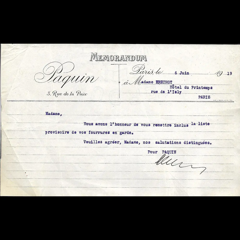 Paquin - Memorandum Concernant La Garde De Fourrures (1919) 1