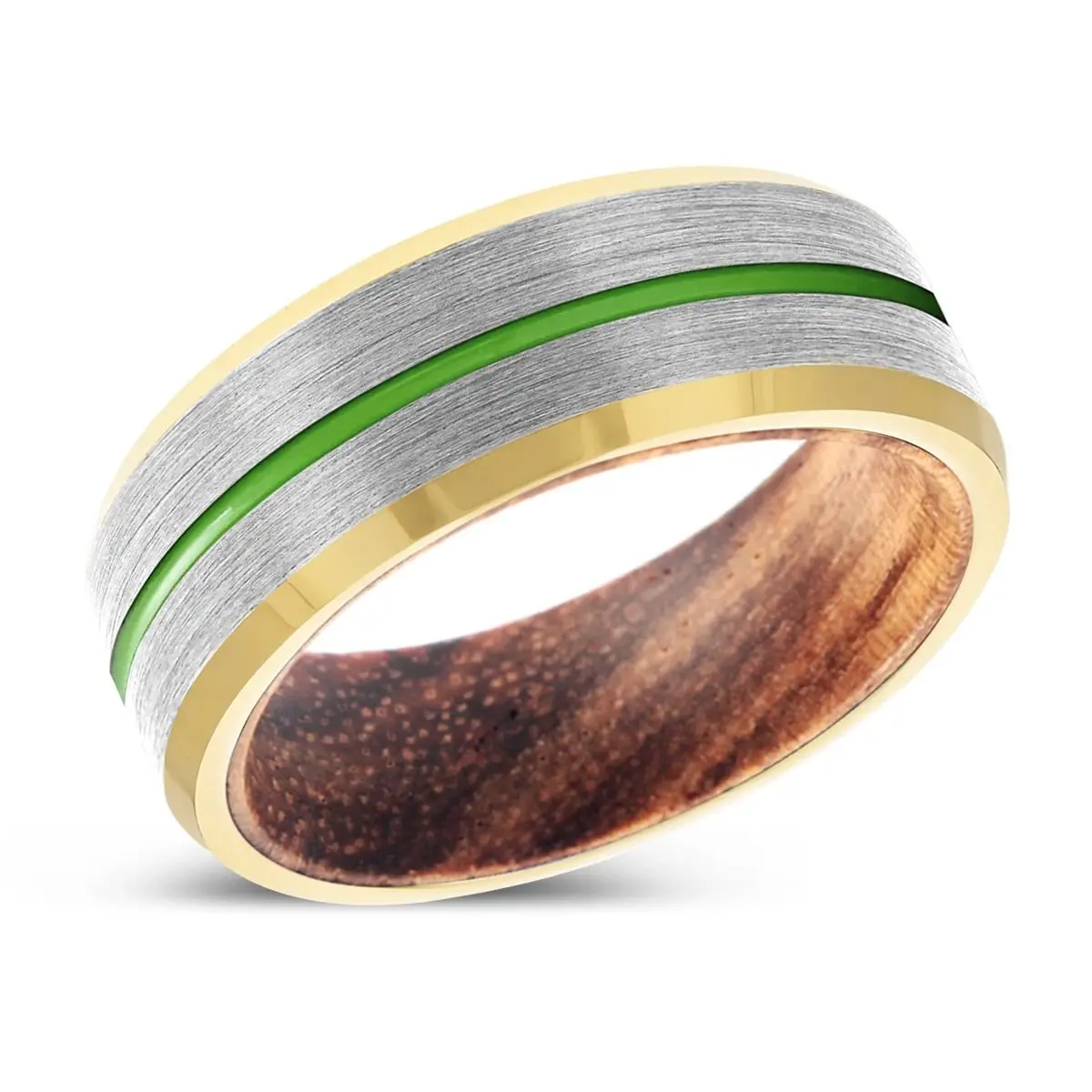 Paragon | Zebra Wood, Silver Tungsten Ring, Green Groove, Gold Beveled Edge 2