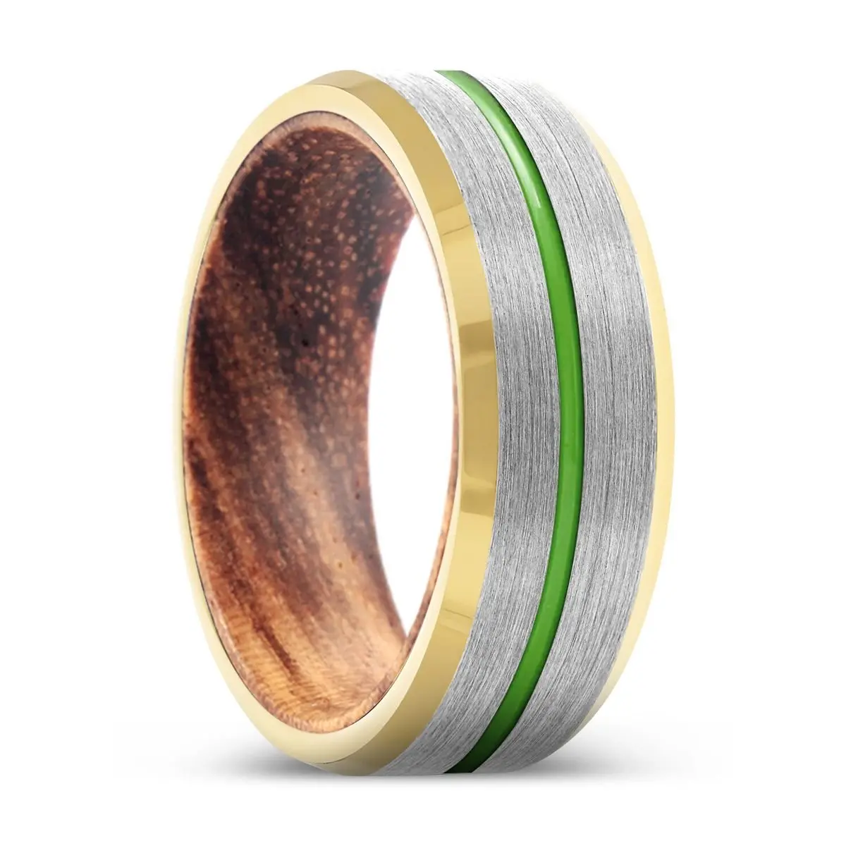 Paragon | Zebra Wood, Silver Tungsten Ring, Green Groove, Gold Beveled Edge 1