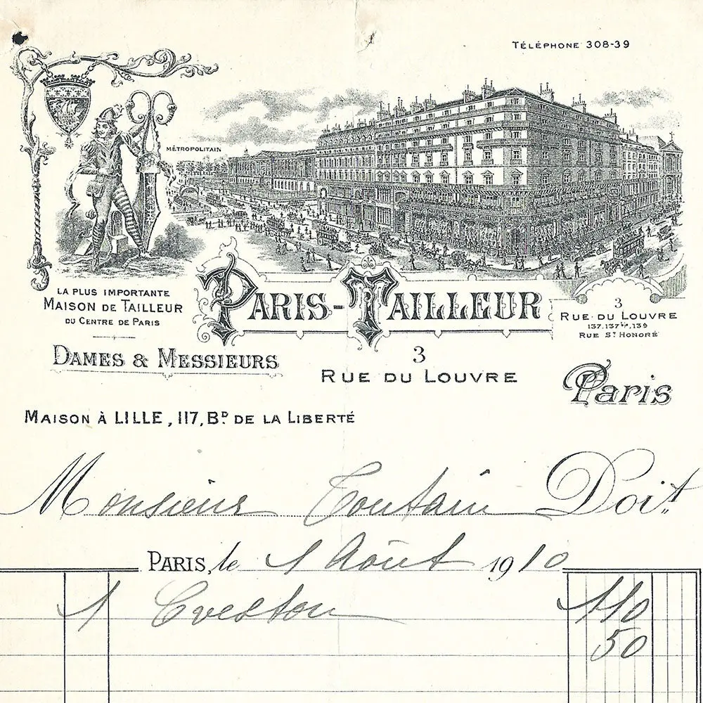 Paris Tailleur - Facture Du Tailleur Pour Dames Et Messieurs, 137-139 Rue Saint-Honoré À Paris (1910) 2
