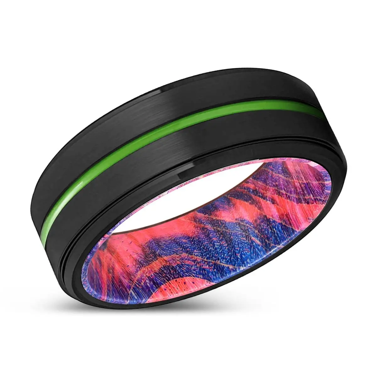 Pasadena | Blue & Red Wood, Black Tungsten Ring, Green Groove, Stepped Edge 2
