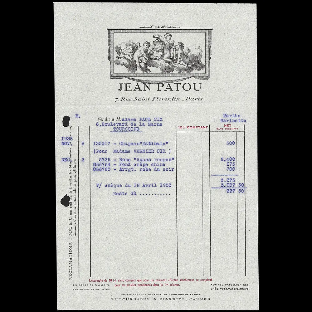 Patou - Facture De La Maison Jean Patou, 7 Rue Saint-Florentin (1932) 1