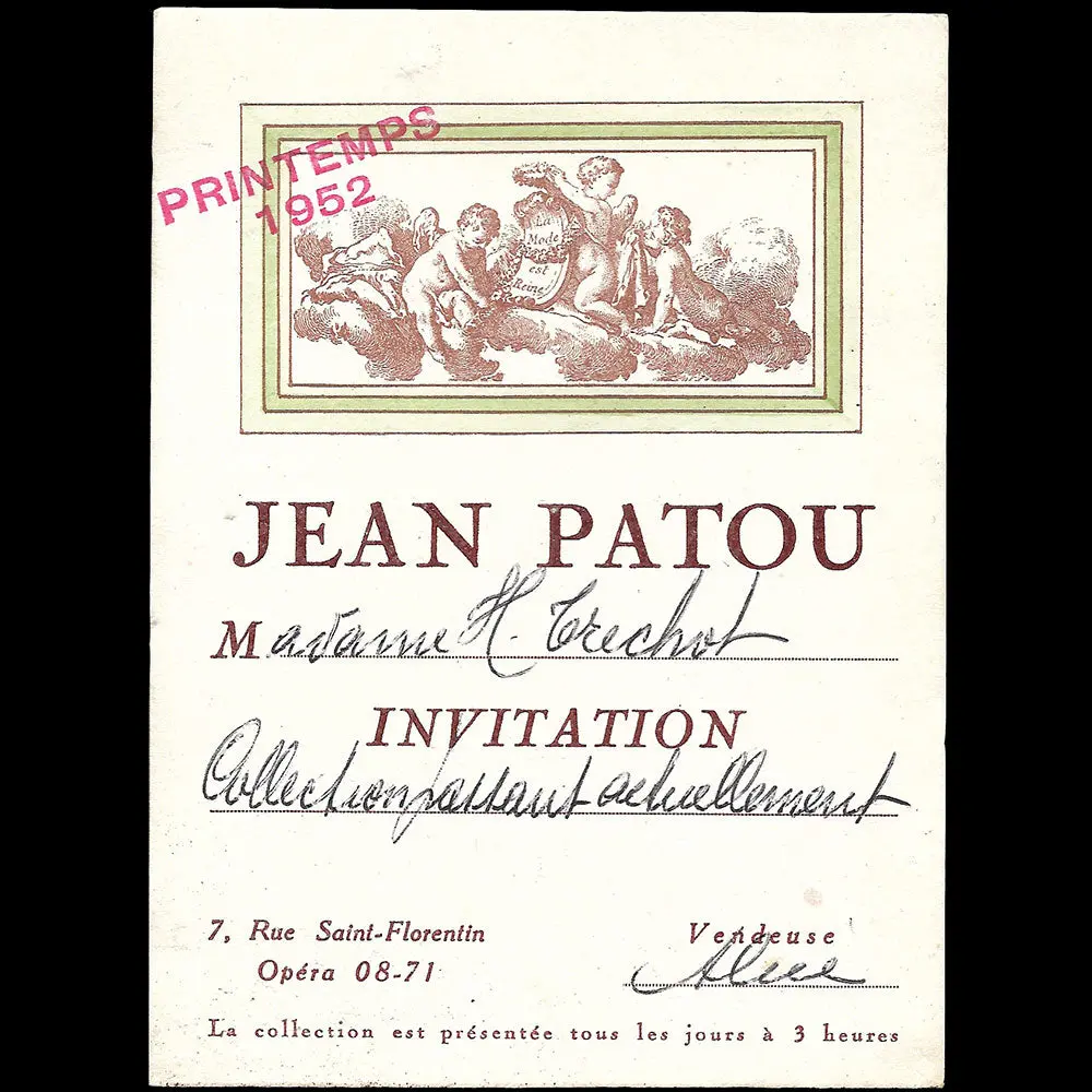 Patou - Carton D'invitation Pour La Collection Printemps-Eté 1952 1
