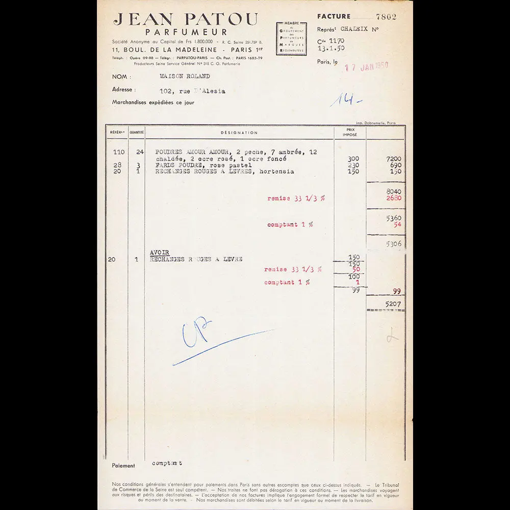 Jean Patou Parfumeur - Facture (1950) 1