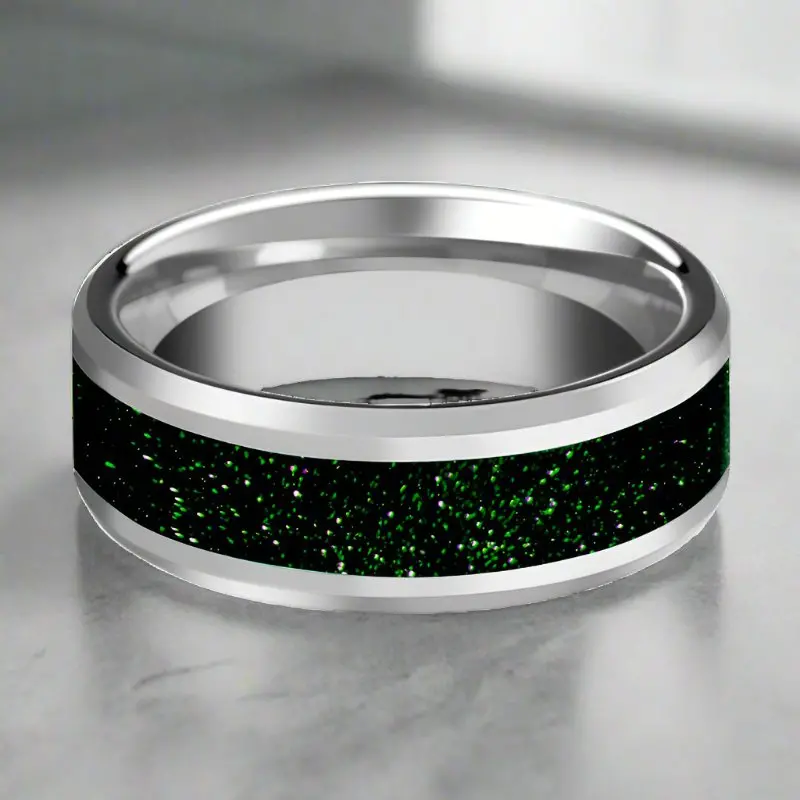 Patrick | Tungsten Ring, Green Gold Stone Inlay, Beveled 3