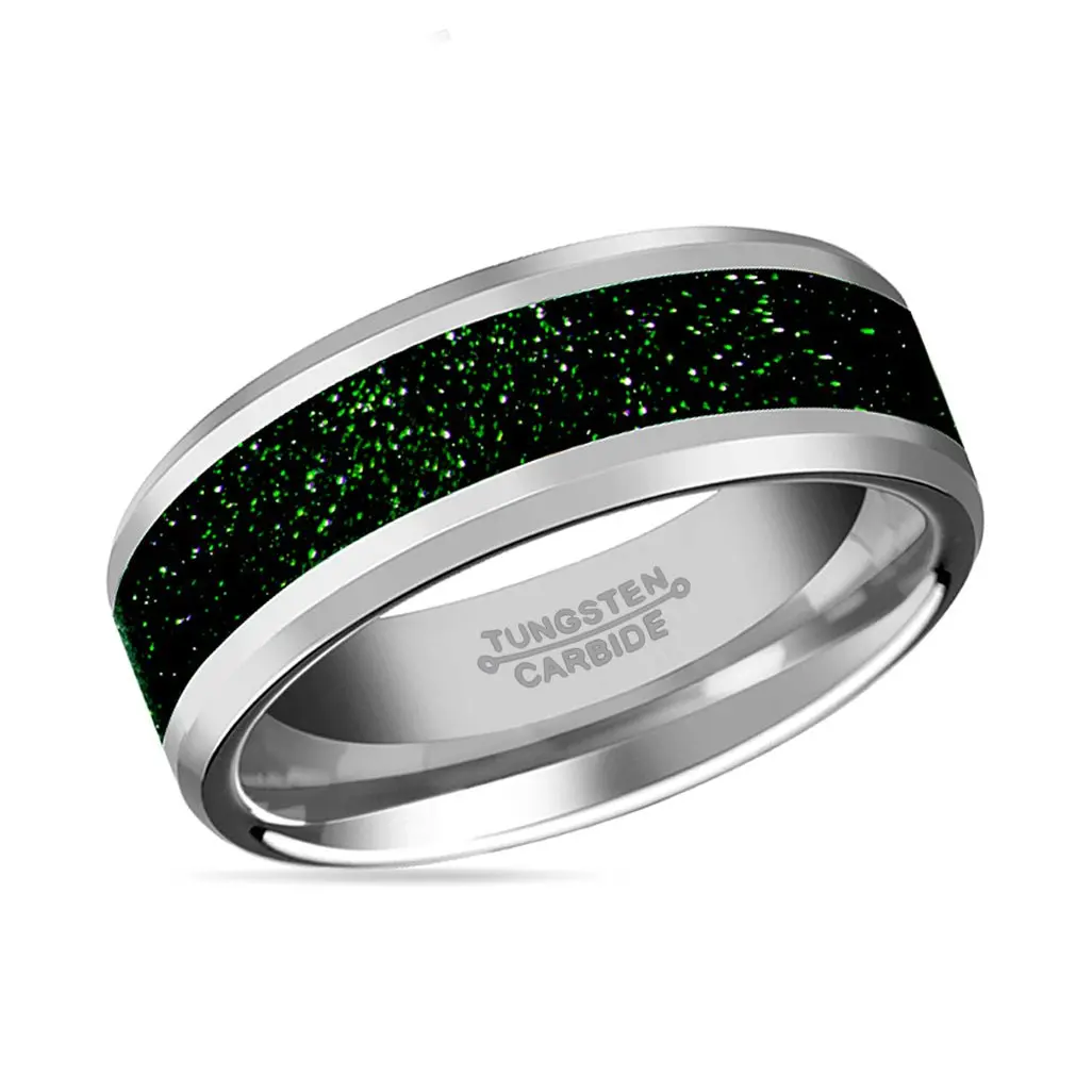 Patrick | Tungsten Ring, Green Gold Stone Inlay, Beveled 2