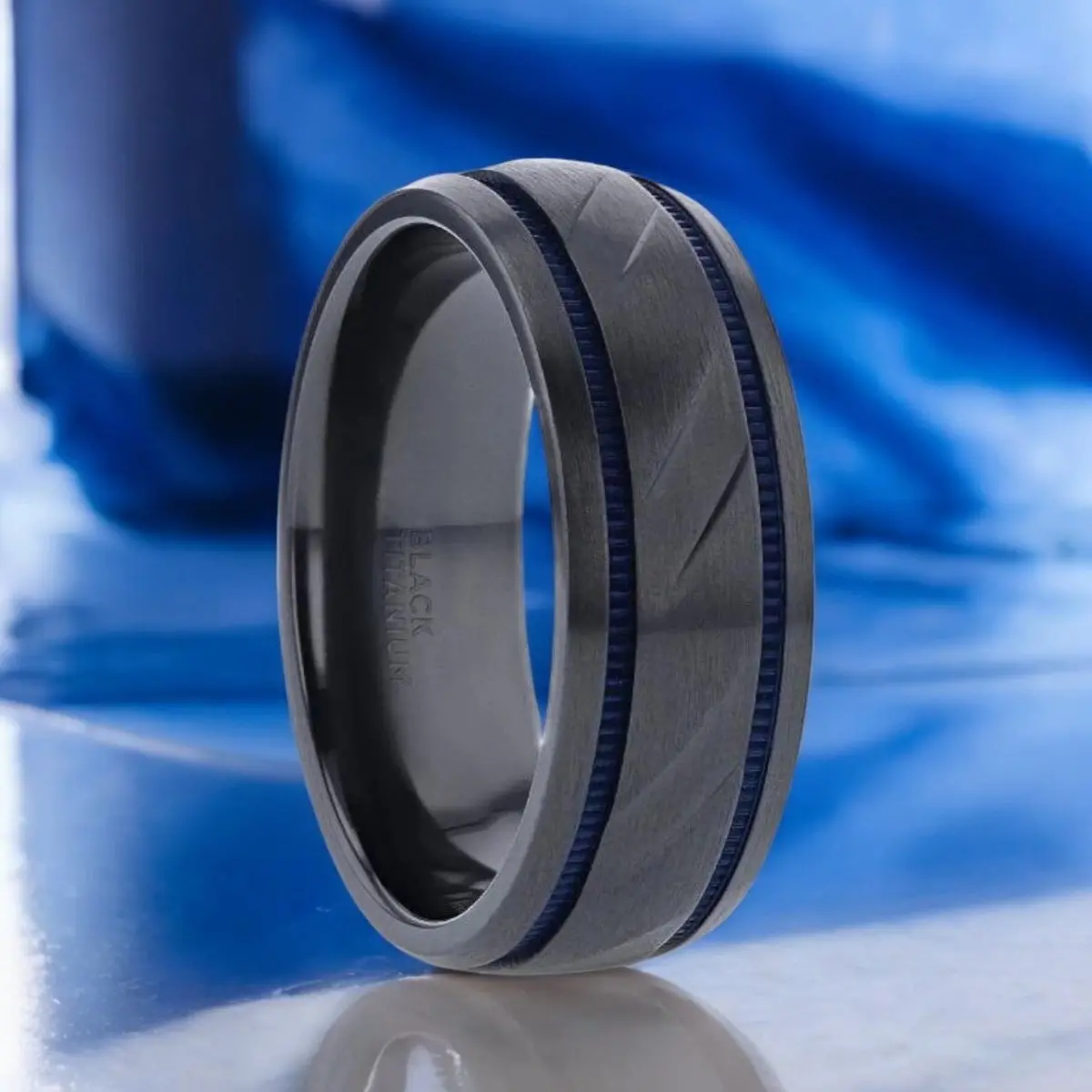 Patrol | Black Titanium Ring, Blue Milgrain Grooves, Carved Diagonal Pattern, Domed 1