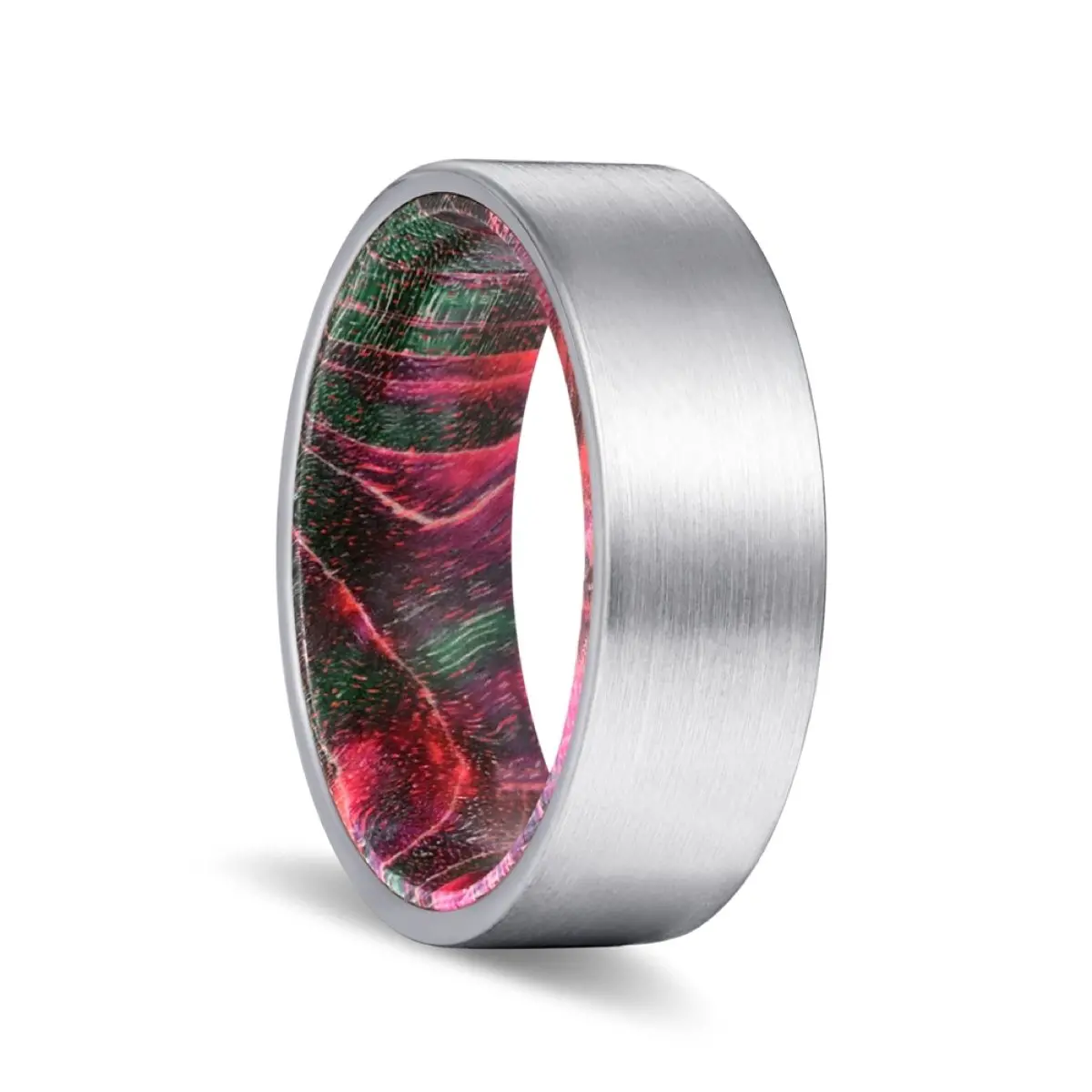 Pattern | Green And Red Wood, Silver Tungsten Ring, Brushed, Flat 1
