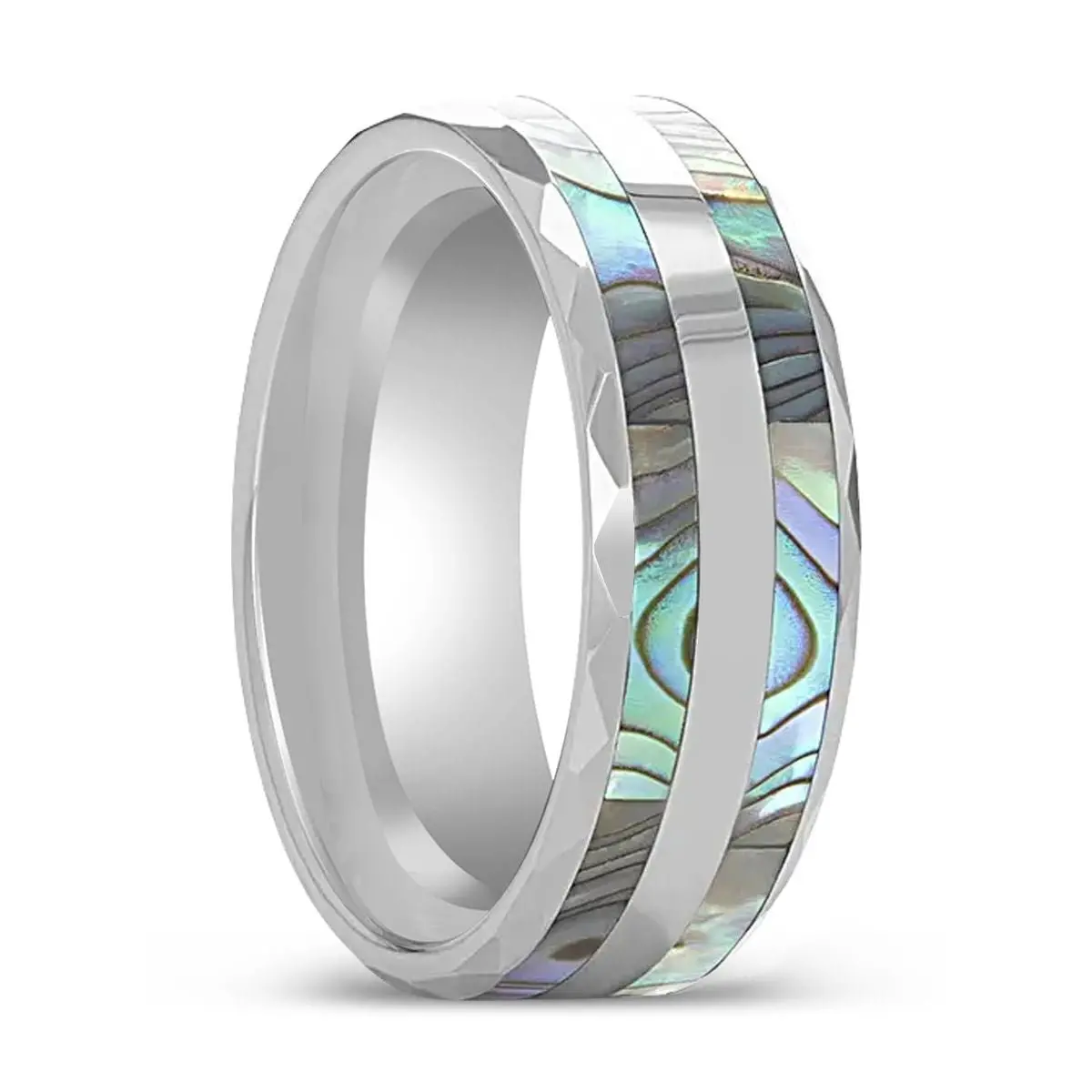 Paua | Tungsten Ring, Double Abalone Shell Inlay, Beveled Polished Edges 1